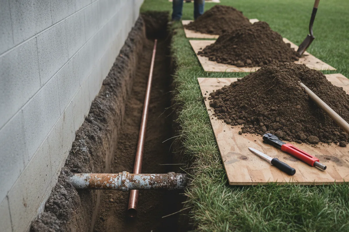 Excavated water line trench during Water Softener Installation in Dry Run